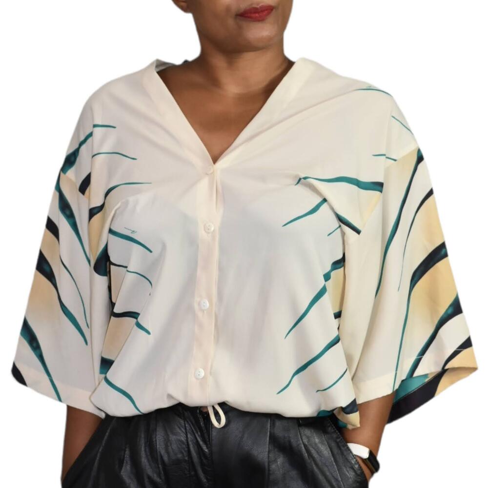 RaMona LaRue Silk Blouse Cream Top Drawstring Boho Button Front Shirt Size Small